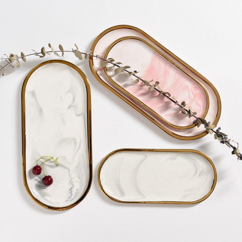 Xiaoxijia Nordic marble gold edged ceramic oval plate