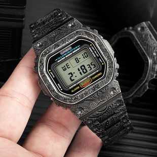 JERALAND巨浪匠造小方块腰果花款男表复古雕花黑表盘DW5600E改装