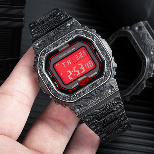 JERALAND小方块金属雕花复古做旧男表红色表盘GW-5600改装