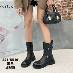 商场品牌2025年冬季新款扣带粗跟真皮马丁靴女真皮女靴子中筒短靴