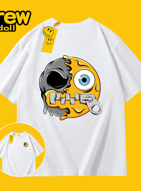 DREW DOLL夏季新款纯棉男女短袖t恤潮牌笑脸卡通休闲情侣圆领上衣