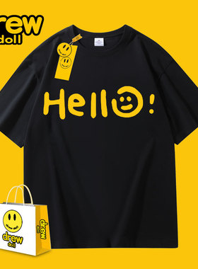 Drew联名美式休闲男女士纯棉短袖t恤潮牌卡通笑脸情侣百搭上衣