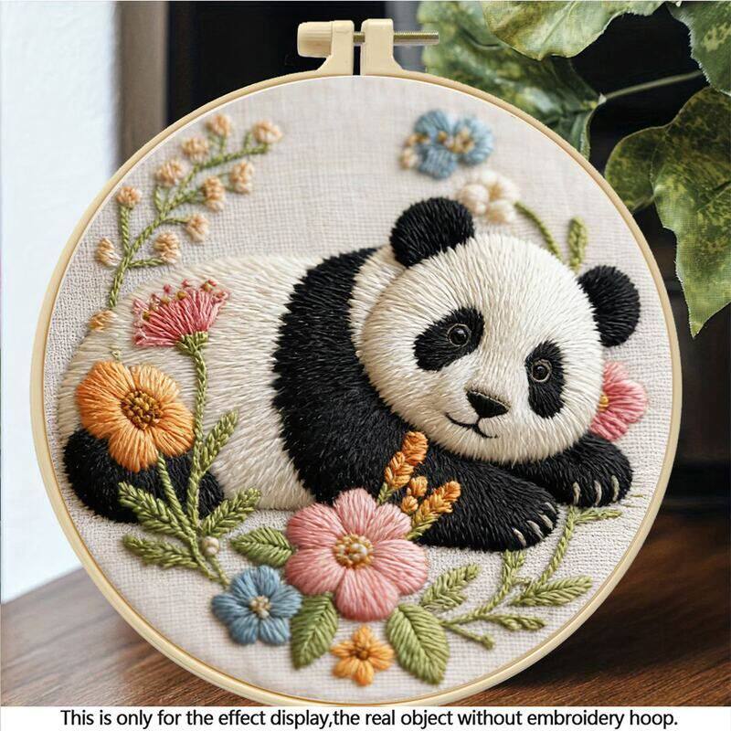 慵卧大熊猫刺绣材料包 跨境北欧 ins客厅装饰手工DIY 挂画厂家批