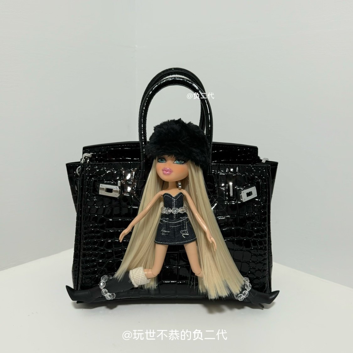 黑色系拍这里 暗黑王者 黑金黑银亮面鳄鱼纹铂金包手工娃娃包