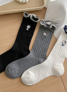 花边甜美卡通kitty刺绣中筒袜春夏薄款镂空日系女生网眼堆堆长袜