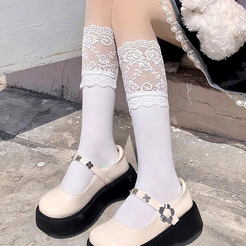 蕾丝拼接及膝小腿袜日系女生搭配洛丽塔服饰鞋软妹学院风长筒靴袜