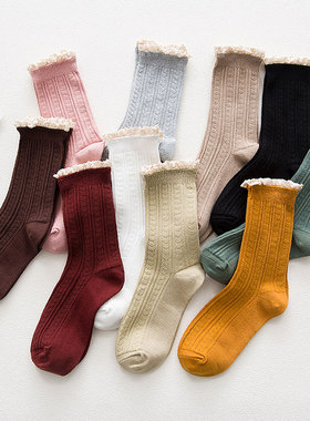 花边中筒纯棉女袜韩版学院风堆堆袜日系纯色女生甜美短靴单鞋袜春