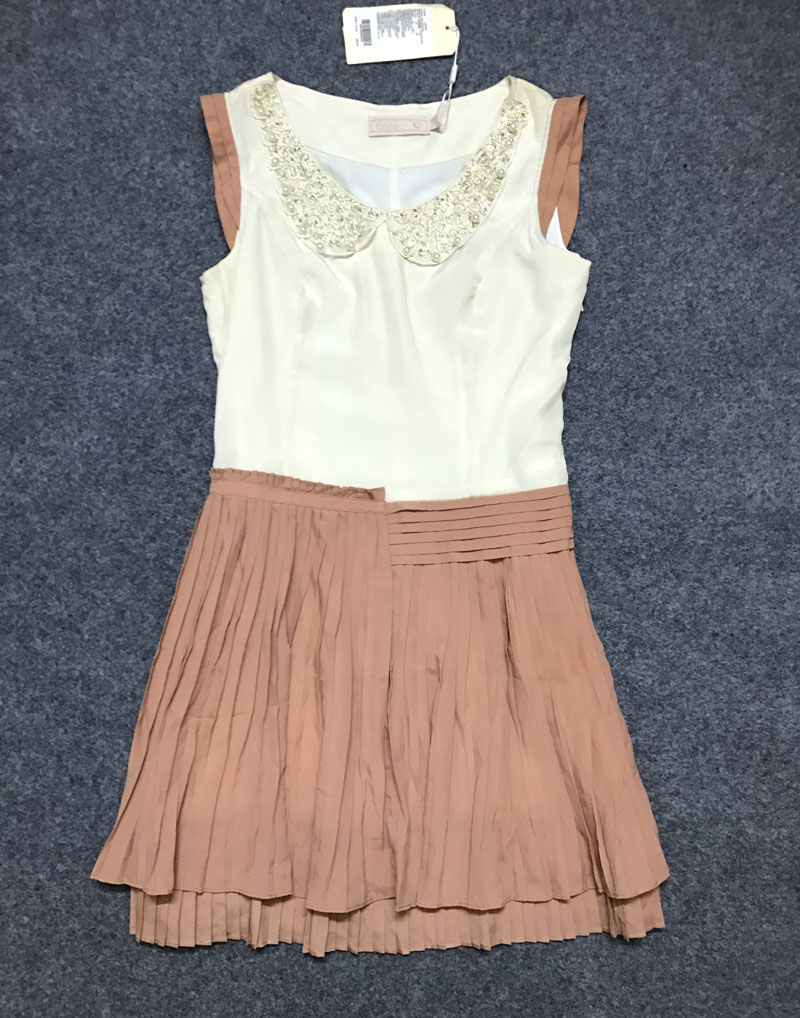 viscap夏装撞色拼接百褶淑女气质高品质修身女装连衣裙