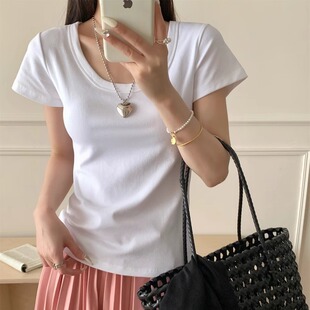 元熙yuanxi短袖t恤女夏季新款高级感U领修身显瘦纸片人辣妹上衣