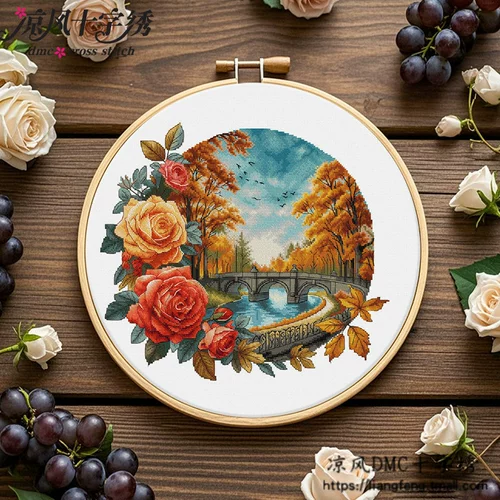凉风 Набор ниток DMC для вышивки крестом для гостиной, новая декоративная картина F1498, осенний пейзаж, розы и мост, печать