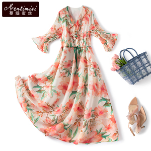 蔓缇蜜丝法式浪漫碎花雪纺连衣裙女夏大码五分袖气质减龄收腰长裙