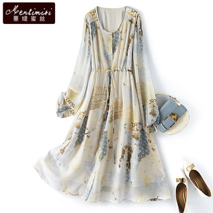 碎花长裙 气质减龄印花仙女薄款 高端雪纺连衣裙女2026新款 春秋大码