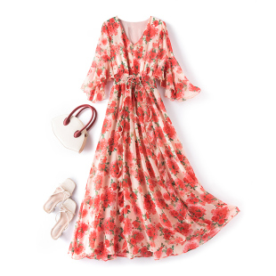 炸街裙子温柔系穿搭飘逸碎花长裙 雪纺连衣裙2024年夏新款 大码 女装