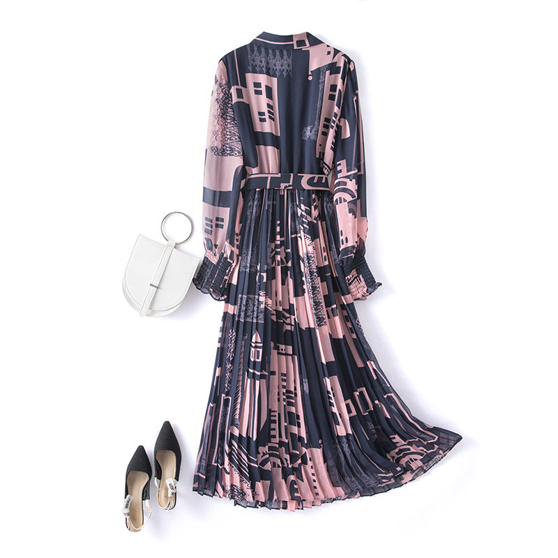 大码女装连衣裙2024春装新款百褶裙胖妹妹气质衬衫裙碎花雪纺长裙