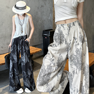 慵懒松弛感宽松直筒垂感休闲亚麻裤 复古提花棉麻阔腿裤 女法式