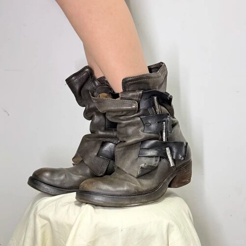 as98金属扣装饰粗跟靴中古靴真皮