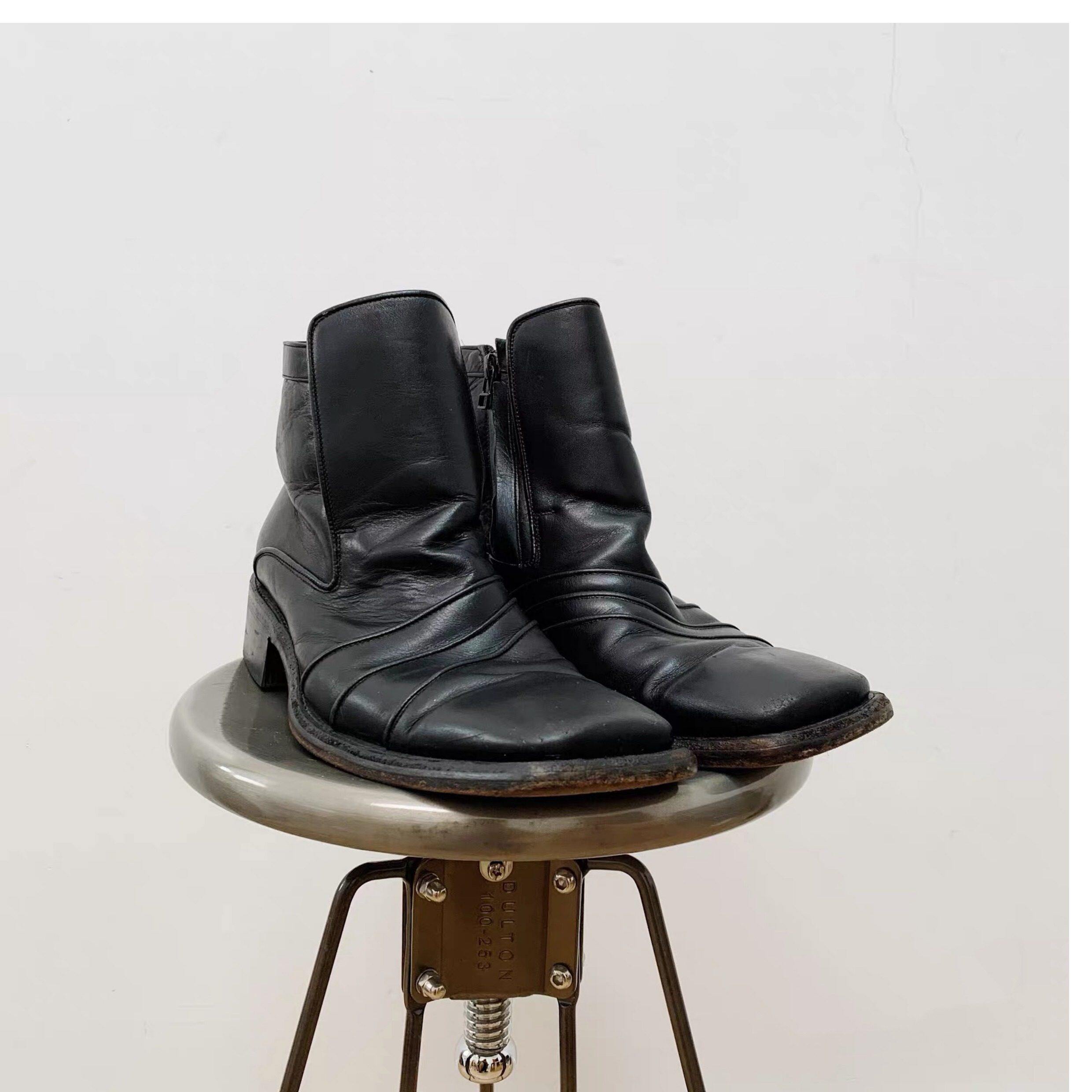 男女同款复古西部牛仔靴粗跟方头机车靴褶皱鸭掌马丁靴短筒骑士靴