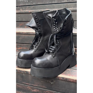 KMRii 马丁靴暗黑先锋厚底男靴铆钉翻边绑带后拉链靴子口袋装饰酷