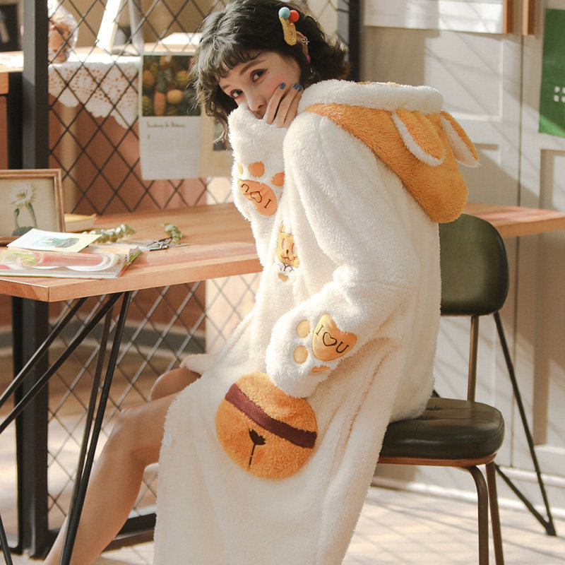 珊瑚绒睡衣女冬加厚睡袍女秋冬加绒长款法兰绒浴袍猫咪公主家居服