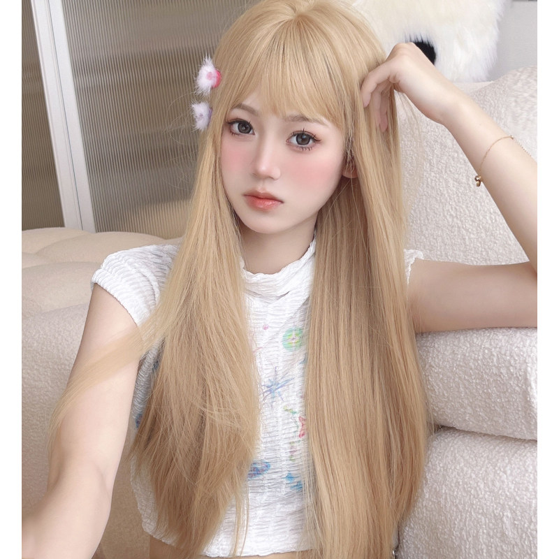 假发女长发长直发Lisa同款奶茶白金色时尚网红主播女团自然全头套