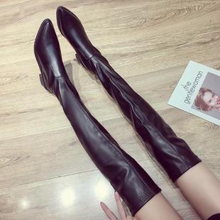 秋冬长筒靴过膝靴高跟粗跟尖头马丁靴女英伦风瘦腿弹力鞋 长靴子