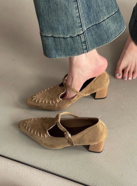 日本offcat2025新款简约复古水洗头层牛皮玛丽珍鞋粗低跟小方头鞋