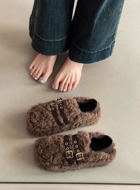 日本offcat2025新款一脚蹬加绒乐福豆豆棉鞋女韩版复古秋冬季毛毛