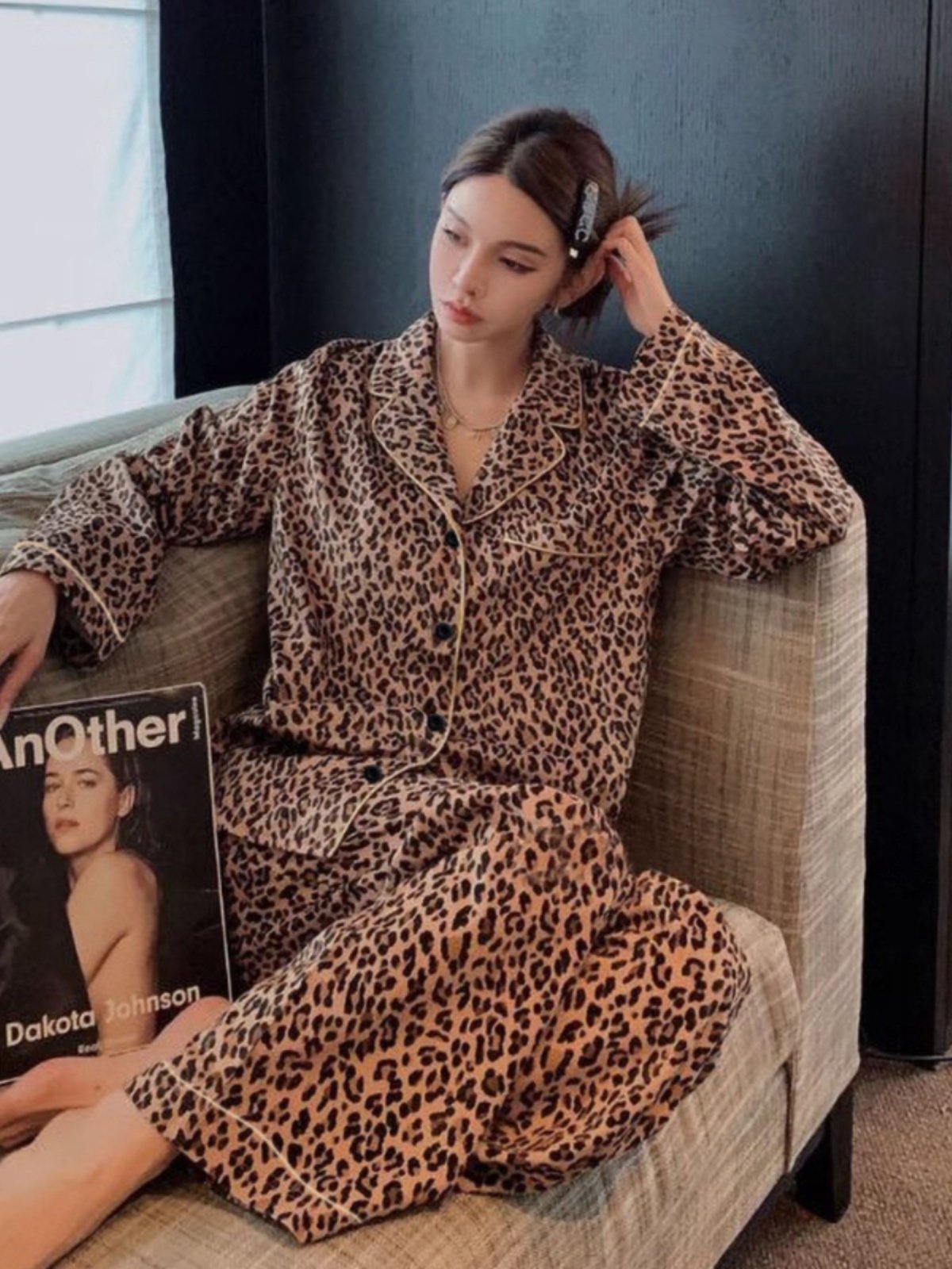 PAJAMAS WOMENS SPRING AND AUTUMN STYLE 2024 NEW LONG SLEEVE COTTON PLUS SIZE SUMMER LEOPARD PRINT AUTUMN WINTER LOUNGEWEAR SET