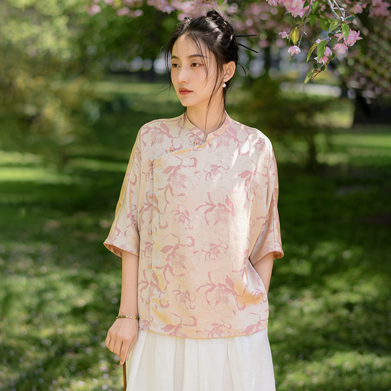 新中式女装夏季新款缎面提花复古上衣女中国风高级感气质女士t恤