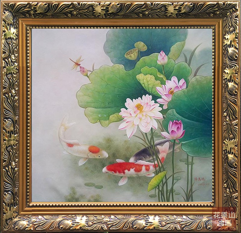 纯手绘荷花锦鲤九鱼H花卉油画定制装饰客厅办公室卧餐厅壁画中式图片
