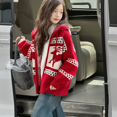 女童小鹿毛衣外套秋冬款2025女孩新年红色连帽拉链加厚针织开衫