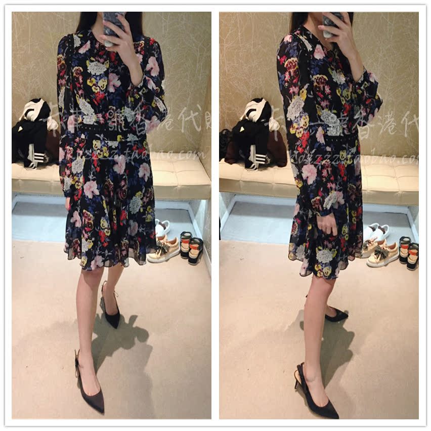 卡車一號香港代購 KAREN MILLEN 18春夏 植物花卉印花长袖连衣裙