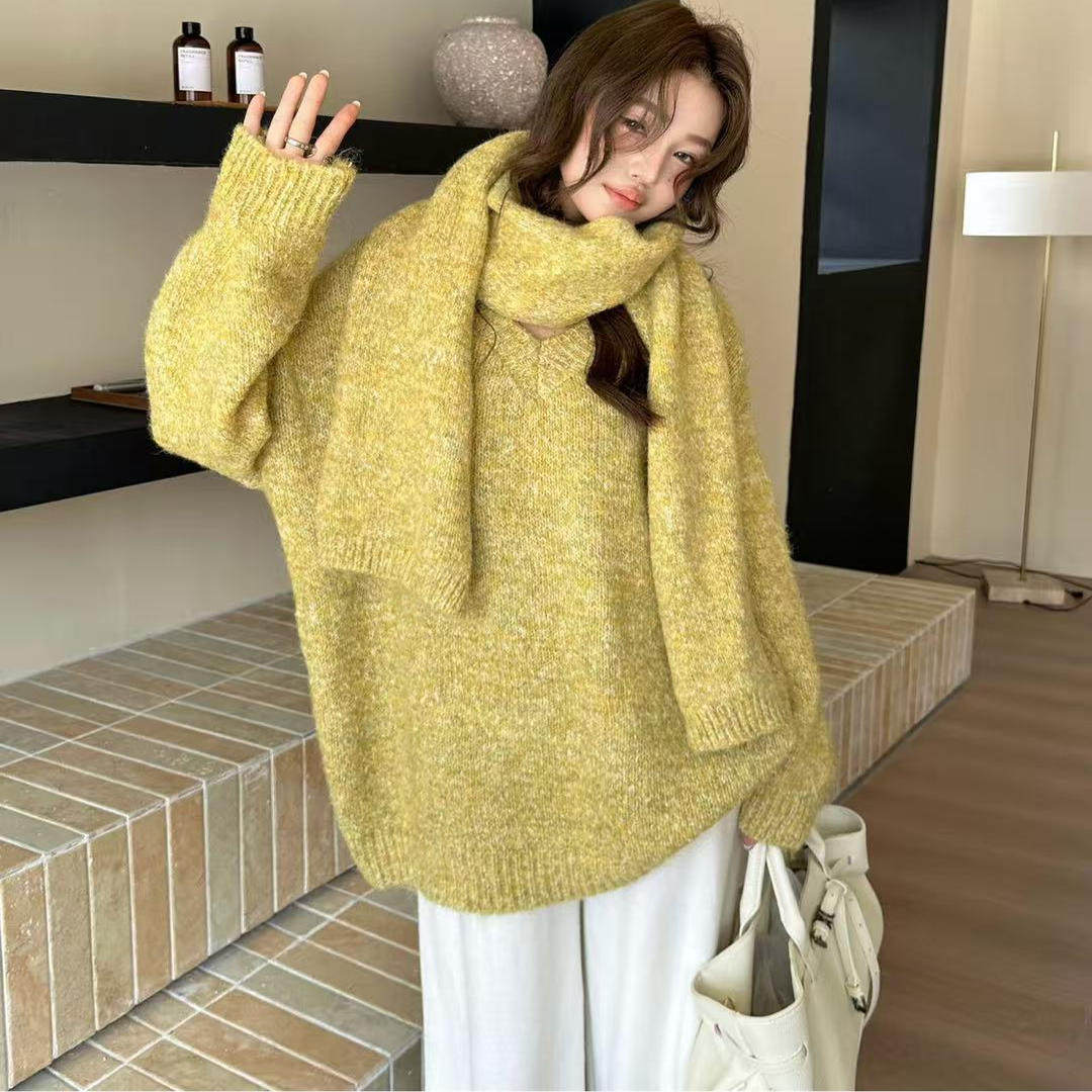 秋冬新款含羊毛花纱长款毛衣女韩系宽松厚款配围巾氛围感慵懒风