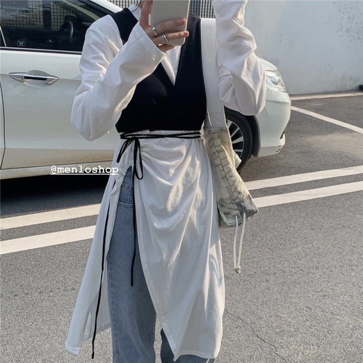 Real shot real price ~ loose and versatile medium and long slit irregular T-shirt + bandage knitted vest