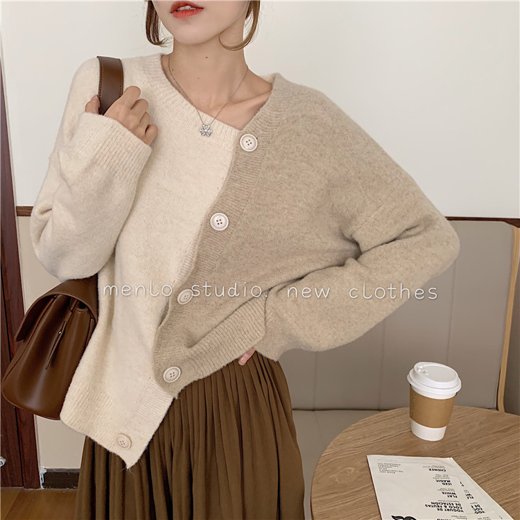 Real shot real price ~ loose and versatile irregular color matching single breasted sweater cardigan