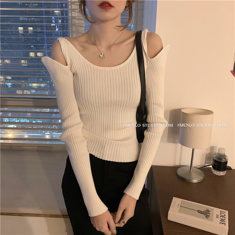 Real shot real price ~ versatile show thin off shoulder crew neck knit bottoming shirt