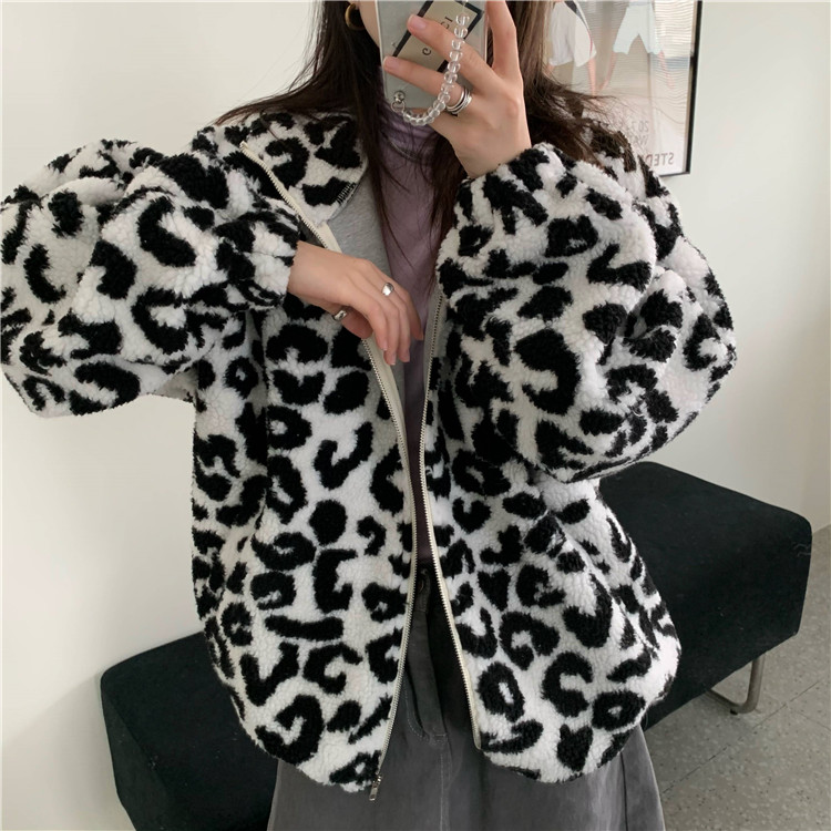 Real price ~ loose and versatile leopard lamb wool hooded composite cotton jacket