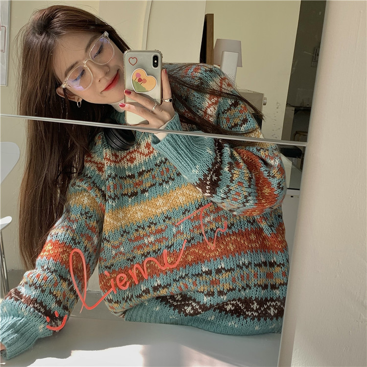 Real price ~ loose and versatile round neck snowflake pattern contrast sweater