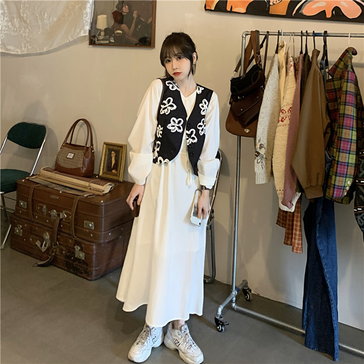 Real price ~ loose V-neck bandage temperament high waist dress + floral print vest