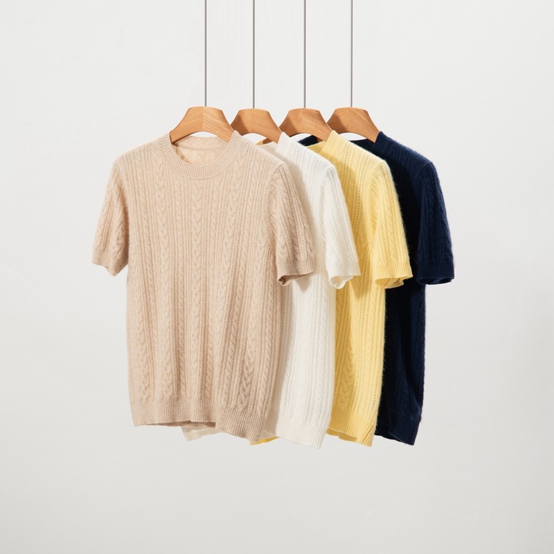 极简风山羊绒衫女绞花短袖圆领套头针织衫宽松百搭上衣,女装/女士精品,羊绒衫,淘宝优惠券,粉丝福利购,淘宝优惠卷