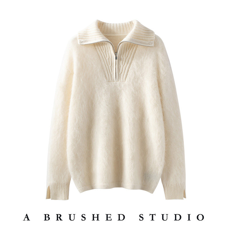 山羊绒衫女POLO领半拉链加厚套头慵懒风通勤针织衫百搭,女装/女士精品,羊绒衫,淘宝优惠券,粉丝福利购,淘宝优惠卷