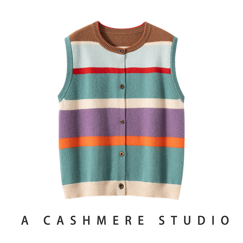 简约风彩虹条纹山羊绒开衫女撞色圆领马甲百搭针织背心,女装/女士精品,羊绒衫,淘宝优惠券,粉丝福利购,淘宝优惠卷