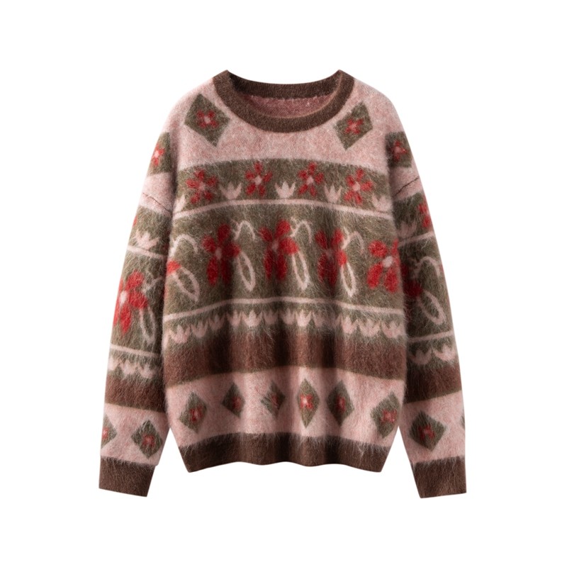 复古提花山羊绒衫女圆领宽松加厚拉绒针织毛衣秋冬百搭,女装/女士精品,羊绒衫,淘宝优惠券,粉丝福利购,淘宝优惠卷