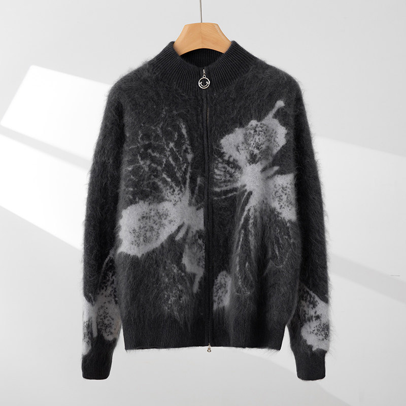 山羊绒拉绒开衫女加厚毛衣蝴蝶提花半高领拉链针织外套百搭,女装/女士精品,羊绒衫,淘宝优惠券,粉丝福利购,淘宝优惠卷