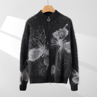 山羊绒拉绒开衫女加厚毛衣蝴蝶提花半高领拉链针织外套百搭