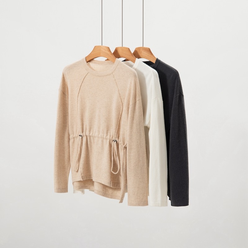 前短后长山羊绒衫女腰身抽绳圆领长袖套头保暖针织毛衣极简风,女装/女士精品,羊绒衫,淘宝优惠券,粉丝福利购,淘宝优惠卷