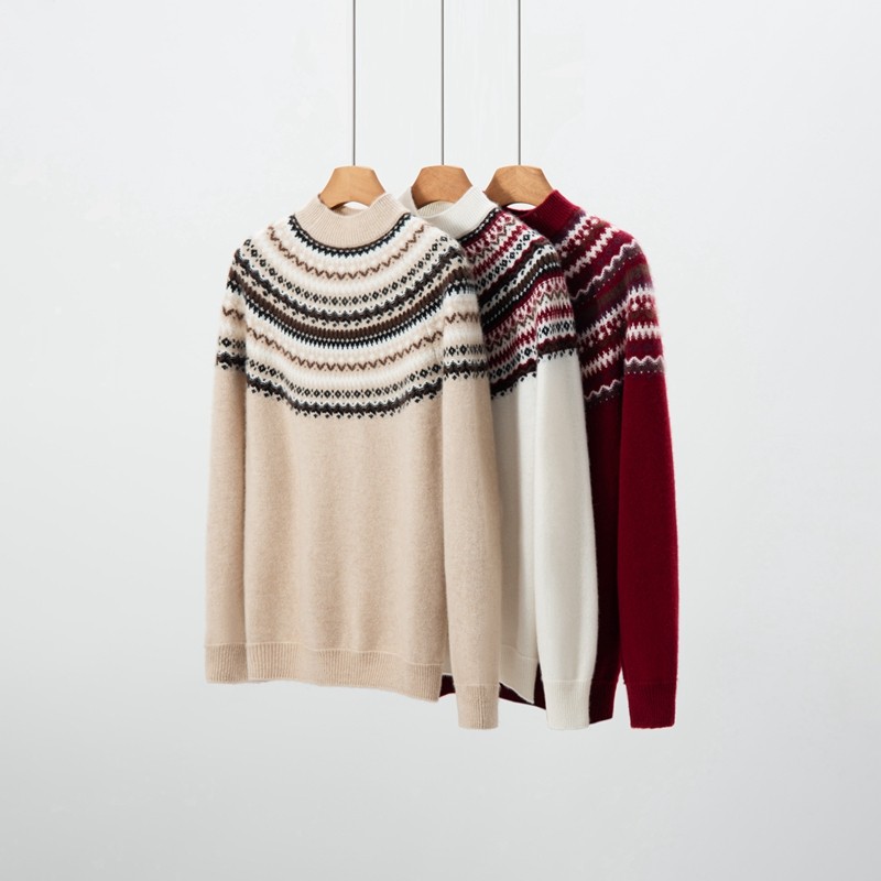 费尔岛提花羊绒衫女民族风半高领长袖加厚针织衫复古撞色毛衣,女装/女士精品,羊绒衫,淘宝优惠券,粉丝福利购,淘宝优惠卷