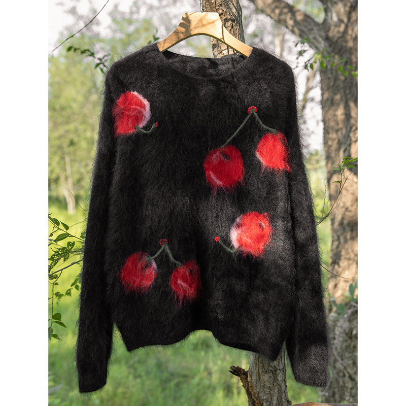 山羊绒樱桃刺绣圆领毛衣女慵懒风宽松拉绒针织衫,女装/女士精品,羊绒衫,淘宝优惠券,粉丝福利购,淘宝优惠卷