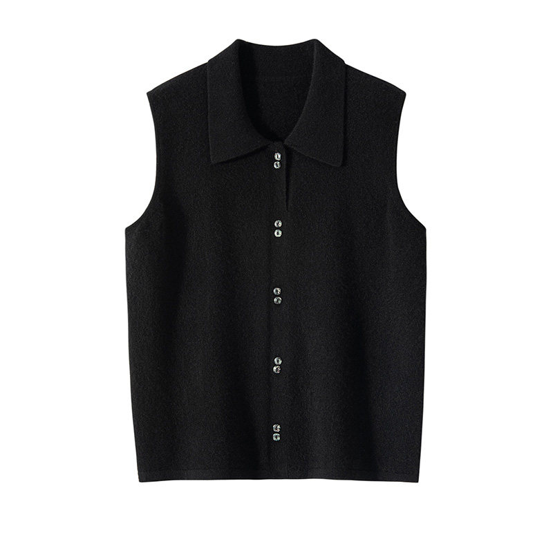 韩式简约风无袖POLO领山羊绒衫女黑色宽松通勤针织背心百搭,女装/女士精品,羊绒衫,淘宝优惠券,粉丝福利购,淘宝优惠卷