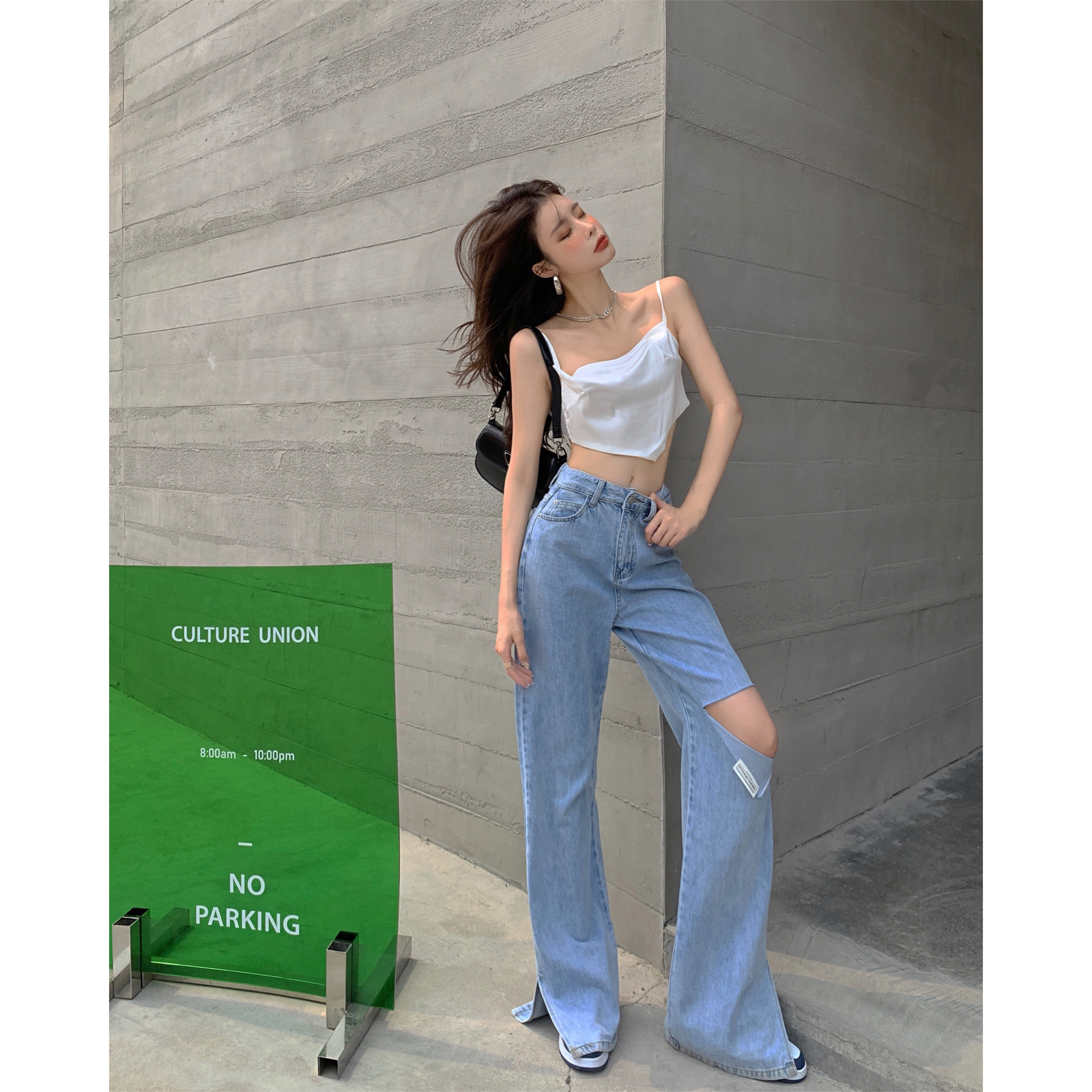 Real shot real price design sense split jeans women's summer high waist slim label wide leg floor pants